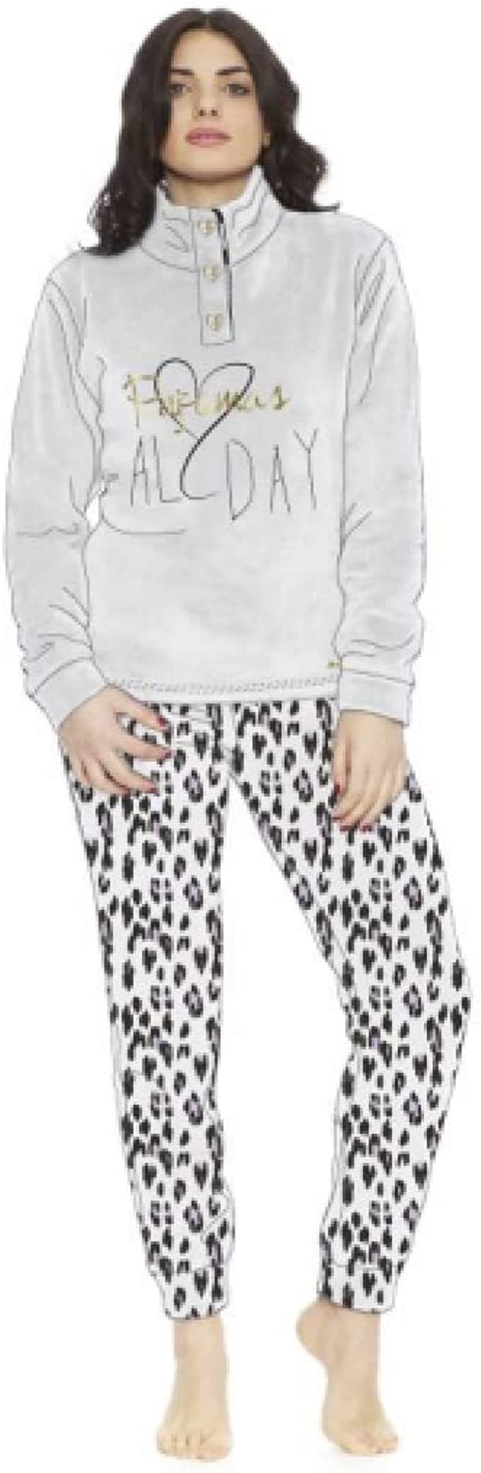 Pigiama Donna Pile Coral Invernale A Manica Lunga Pantalone Lungo con Polsino Fantasia