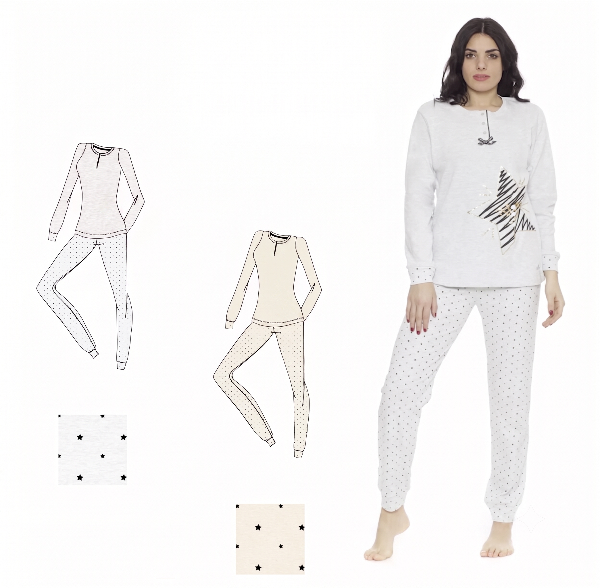 Pigiama Donna Caldo Cotone Invernale Manica e Pantalone Lungo Con Polsino